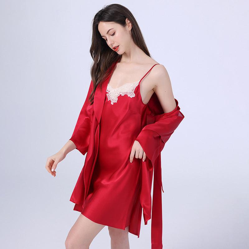New In Sexy V Neck With Lace Split Women's Silk Robes Ladies Silk Set