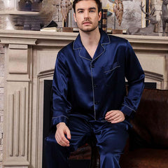 Mens Blue Long Silk Pajamas Set With Flowers Silk Nightwear