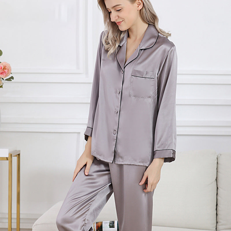 Classic Women Full Length Long Sleeve Button Down Silk Pajama Set