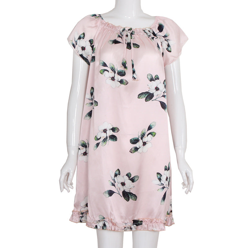 Flower Printed Short-Sleeve Silk Nightgown For Women